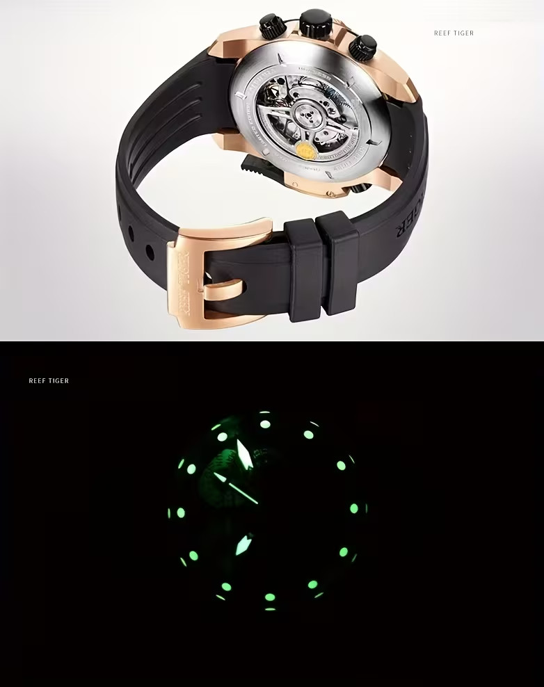 Reef Tiger Aurora Hexagon Automatic Watch RGA3503 Calendar Diving Rubber Band
