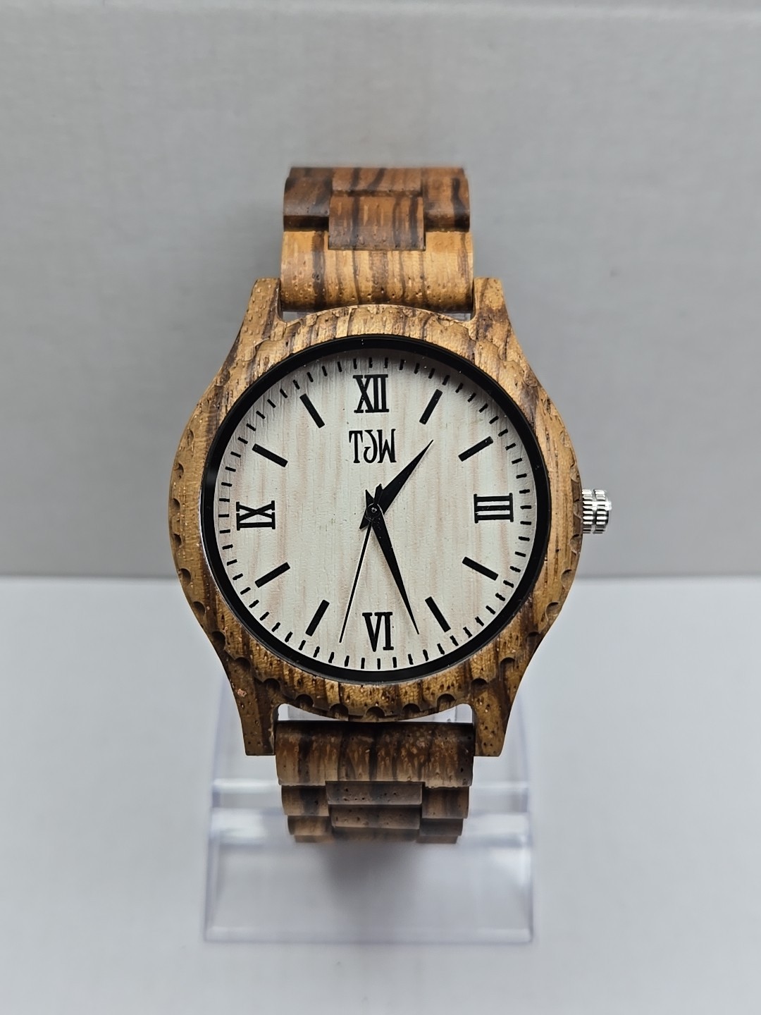 TJW Zebrawood Quartz Watch Roman Numeral Wooden Case 45mm New Battery Analog