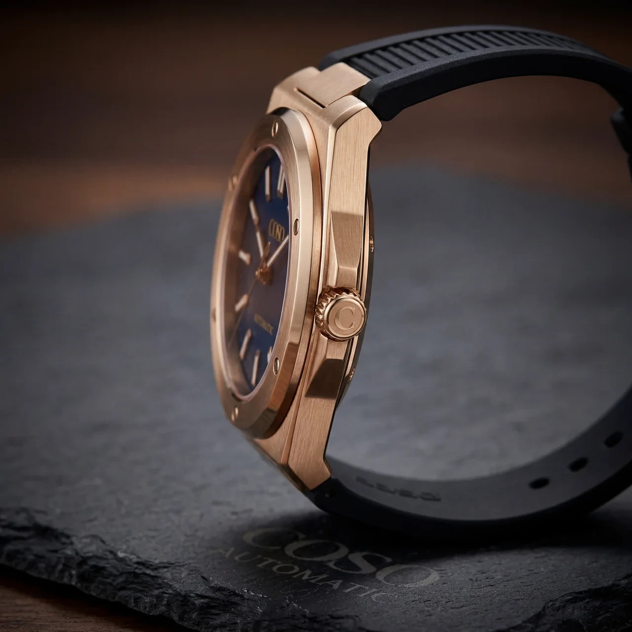 COSO Valtor Automatic Blue Dial Rose Gold Black Rubber Strap