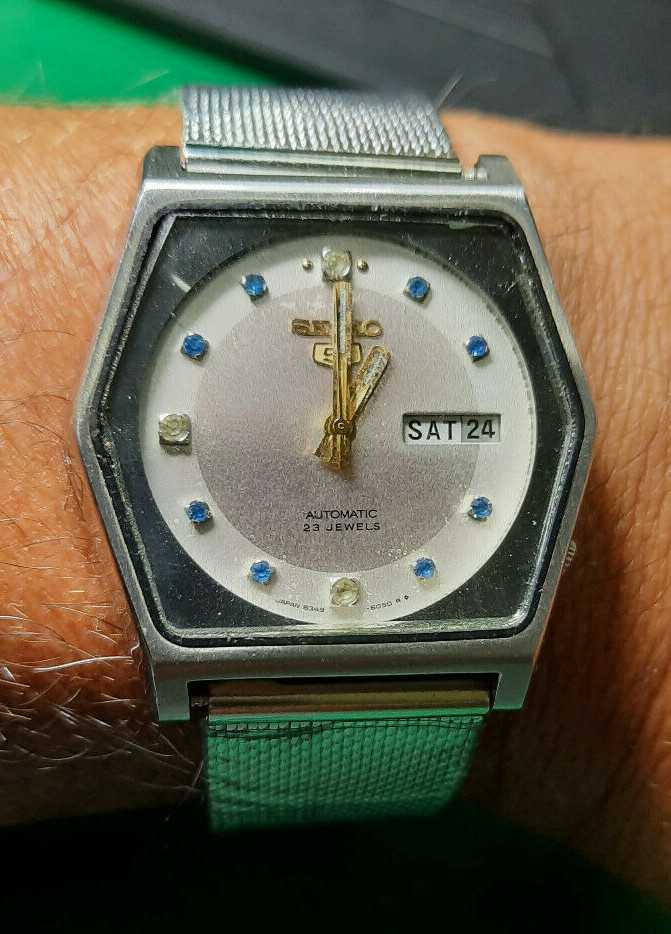 IPER RARE 6349-6050 ORIGINAL SEIKO 5 DIAMOND DIAL HEXAGONAL CASE MENS AUTOMATIC