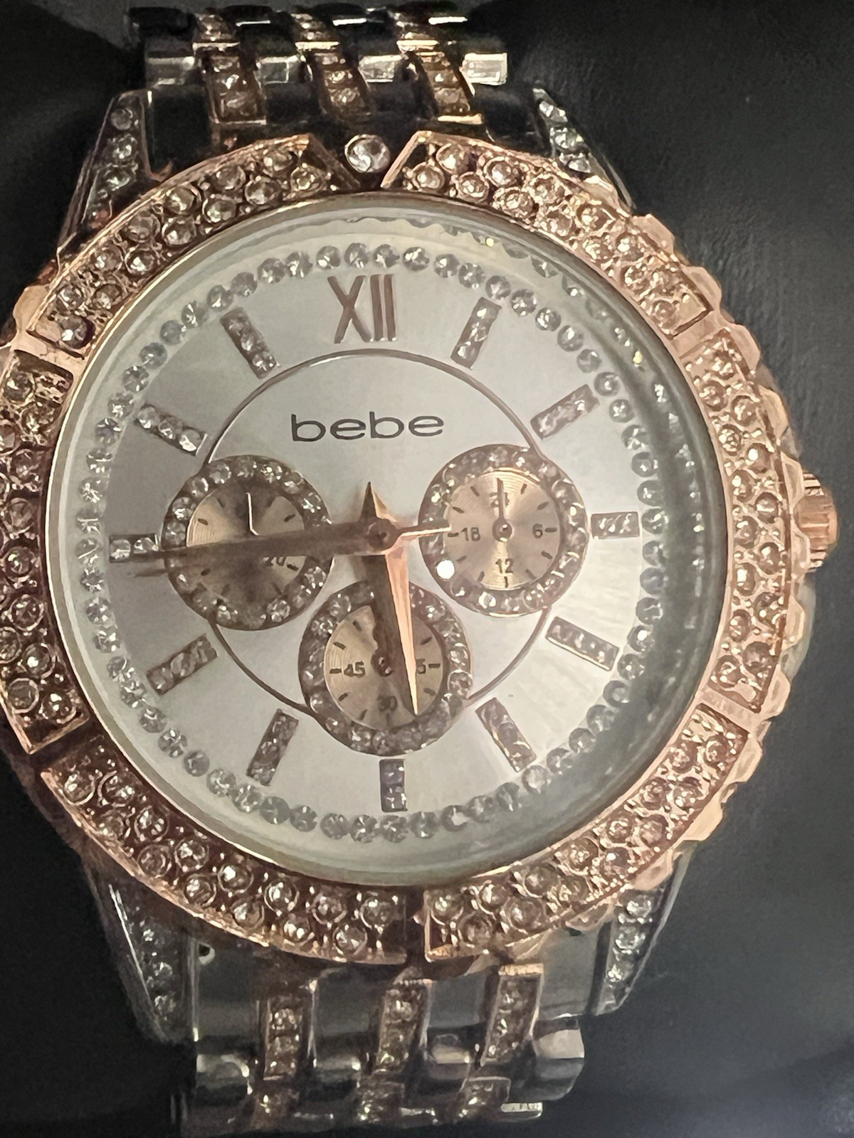 Bebe Rose Gold Silver Tone Crystal Bezel Dial Quartz Analog Ladies Watch NIB