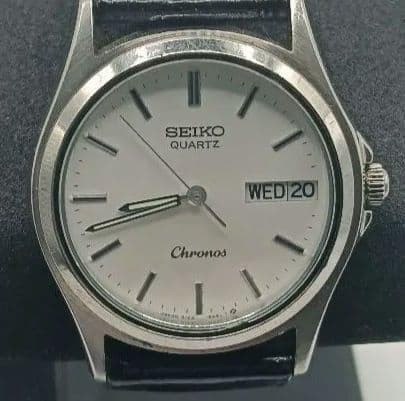 SEIKO Chronos 35.2mm Day Date Quartz Watch Vintage White Dial Running Japan