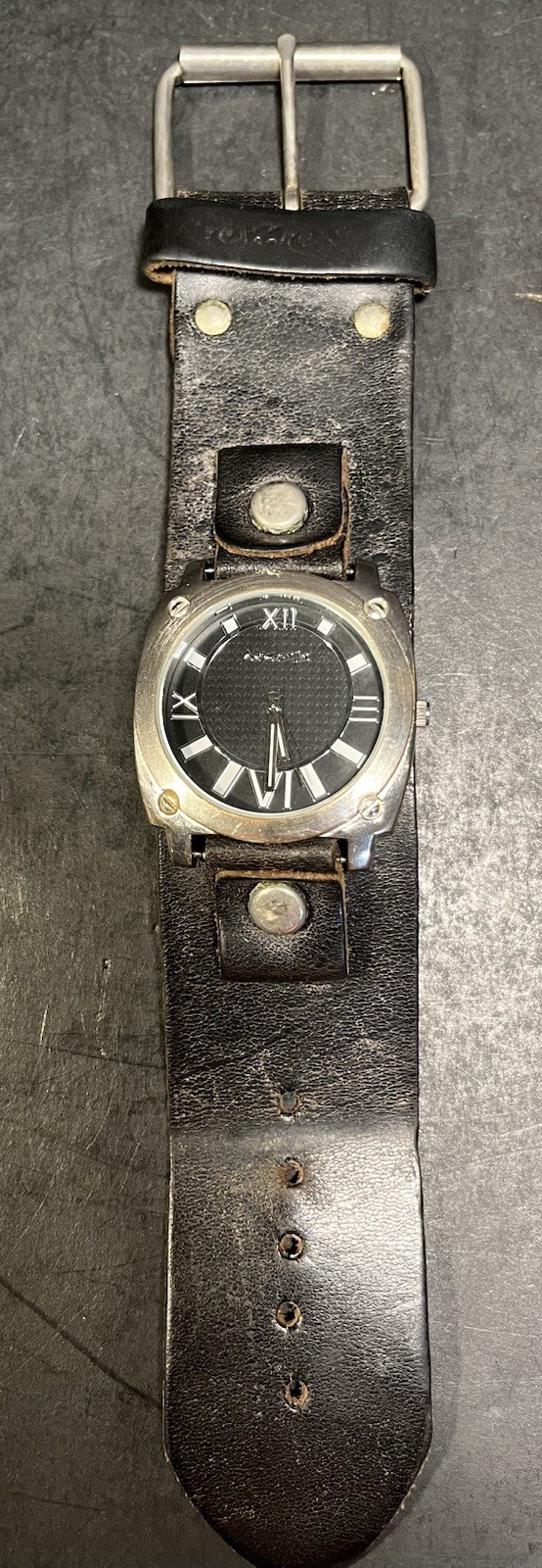 Nemesis Black Dial Roman Numerals Stainless Silver Black Leather Strap Watch