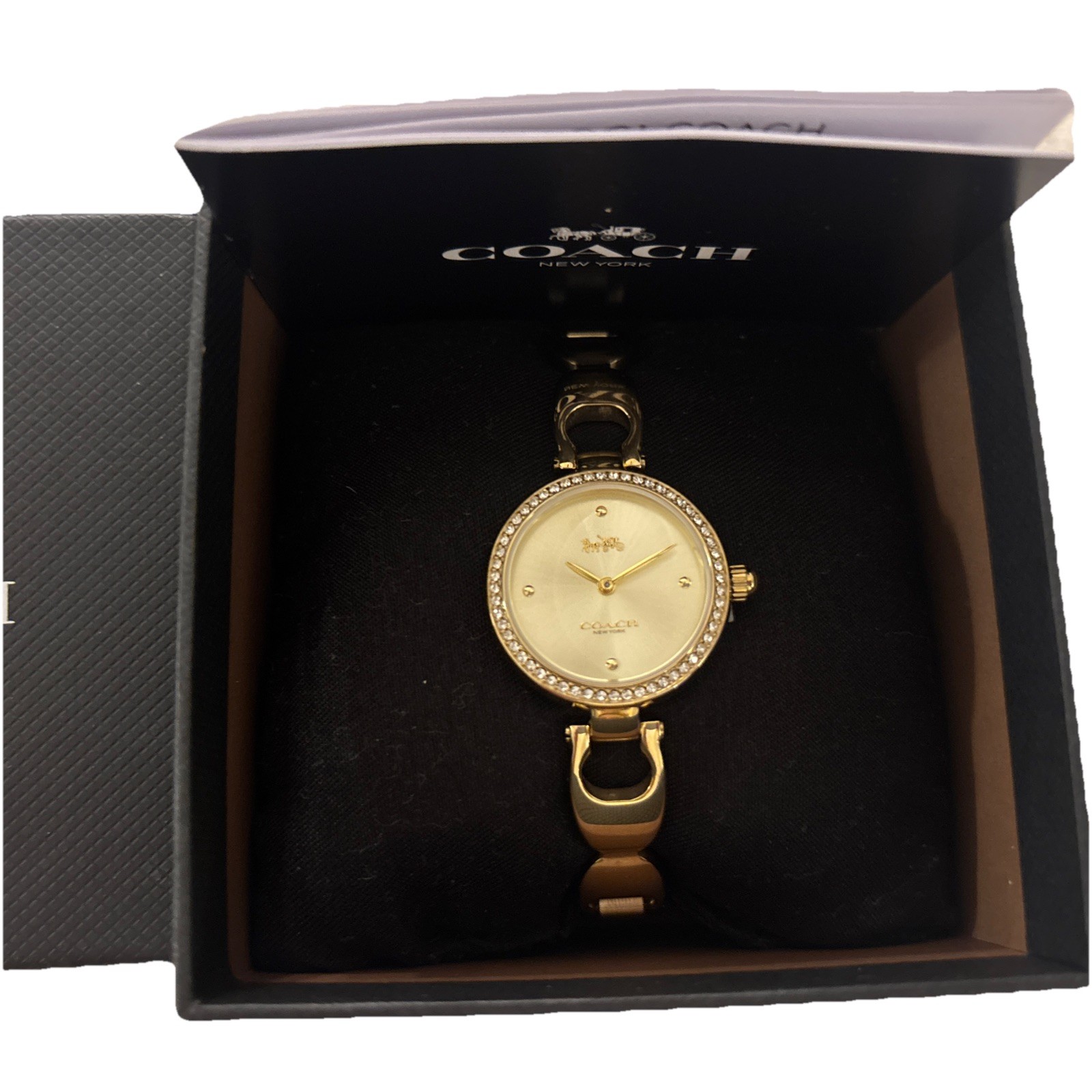 Womens Coach Gold Tone Watch with Diamonds and MOP Dial Newith Tags & Card Box