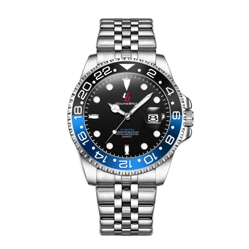YoungBrit Windsor 41mm Black Dial Stainless Steel Bracelet Mens Watch Blue Black
