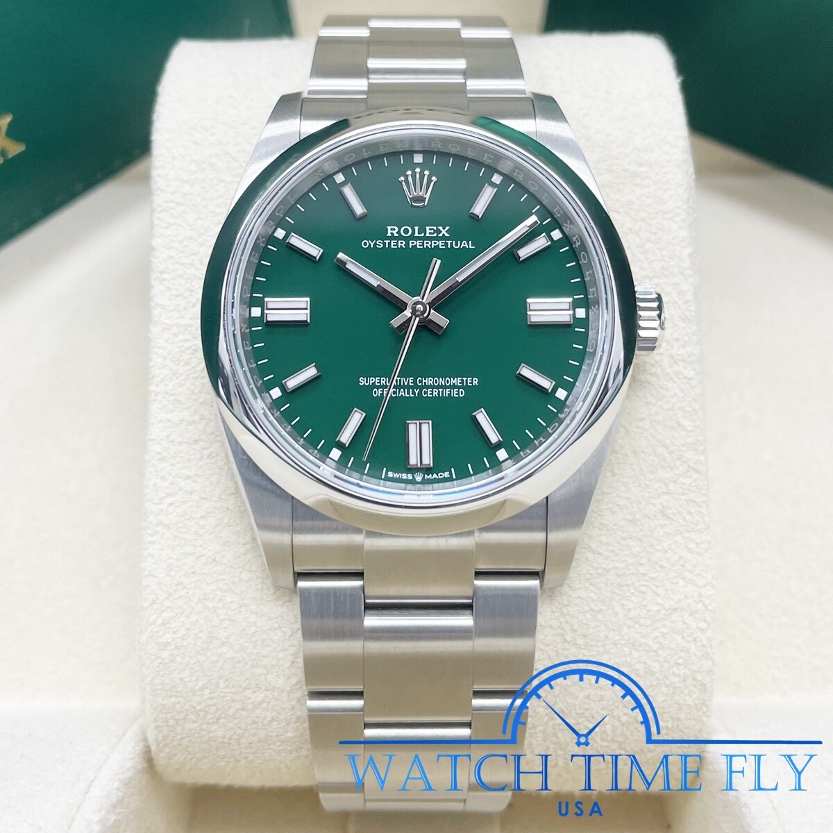 Rolex Oyster Perpetual 36mm 126000 Smooth Bezel Green Index Dial Stainless Steel