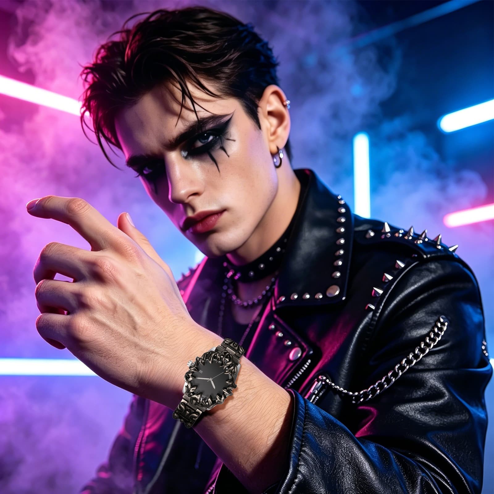 Men Punk Y2K Embossed Flame Adjustale Strap Date Luminous Wrist Watch for Party