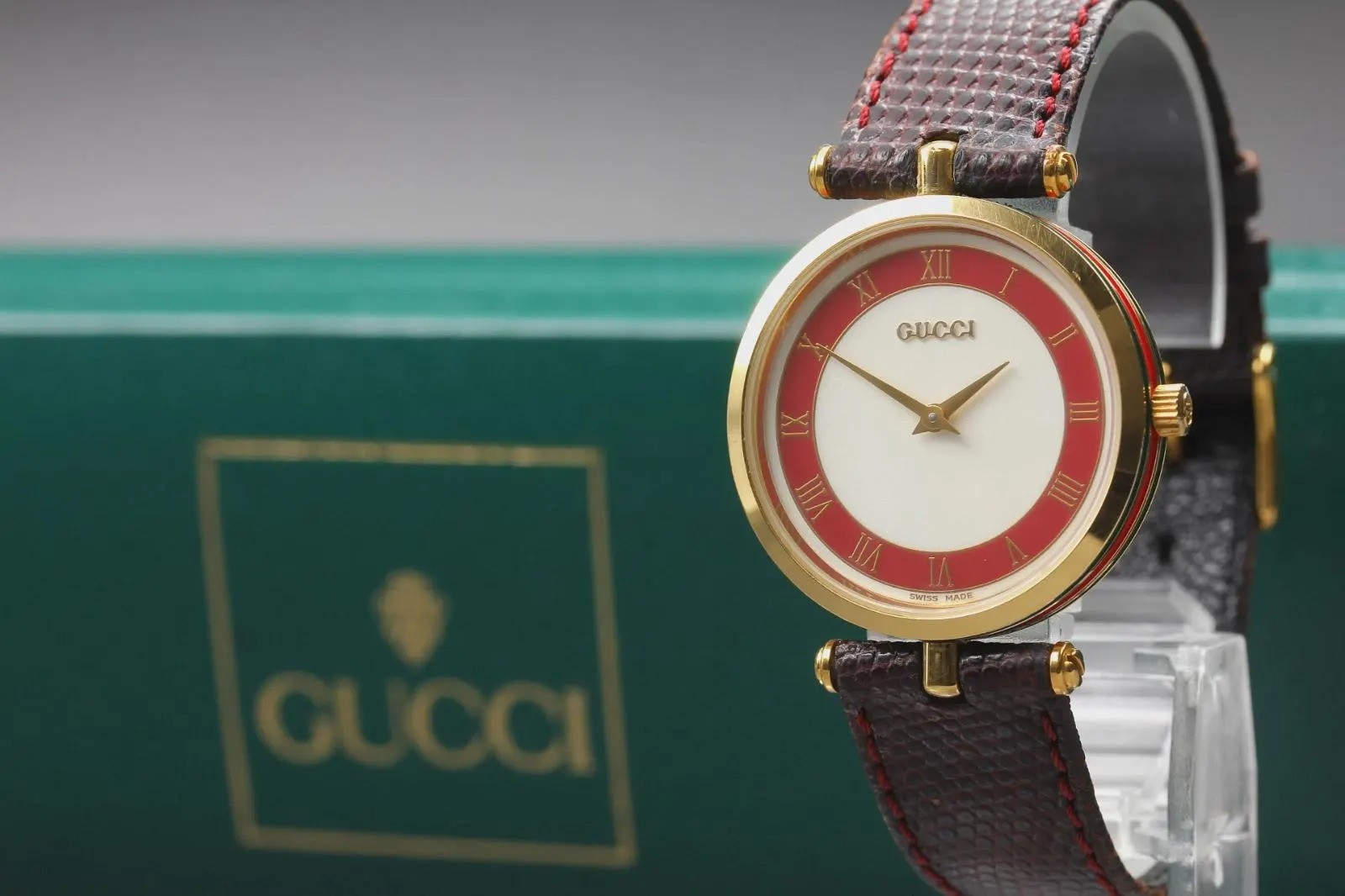 [MINT w/Box] Vintage GUCCI 2000M 30mm Sherry Line Red Roman Dial Qz Men’s Watch
