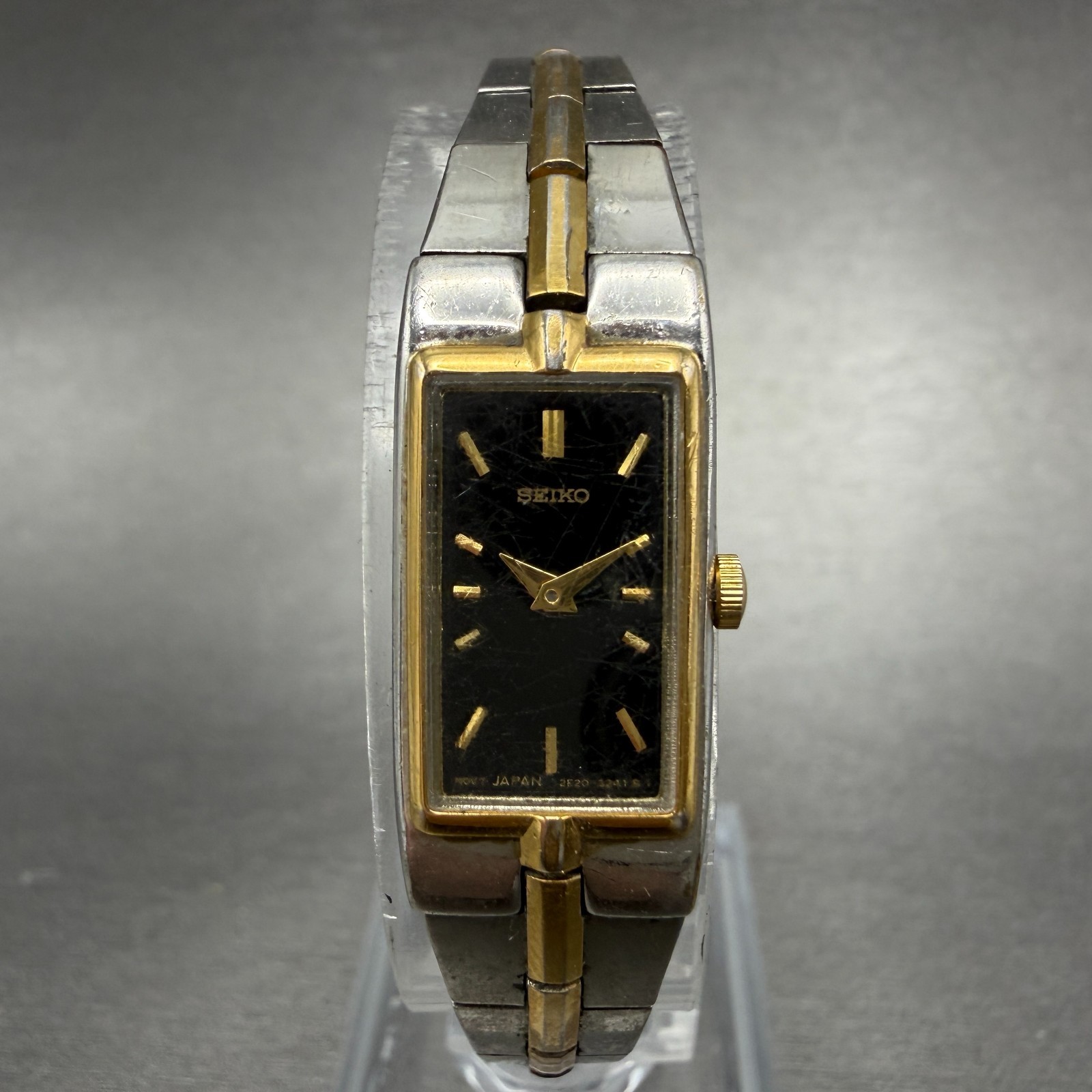 Seiko Tank Watch Women 13mm Black Dial Two Tone Rectangle 2E20-7479 New Battery