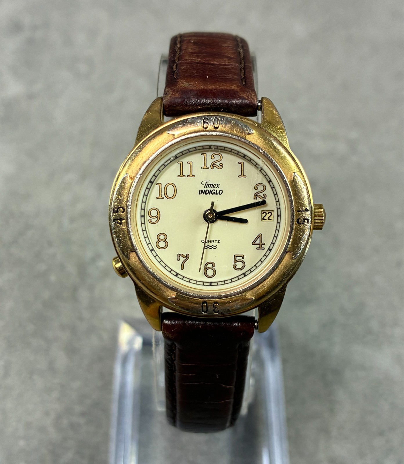 Timex Women’s Quartz Watch 27mm Gold Cream Dial Date Brown Leather 1996 Working