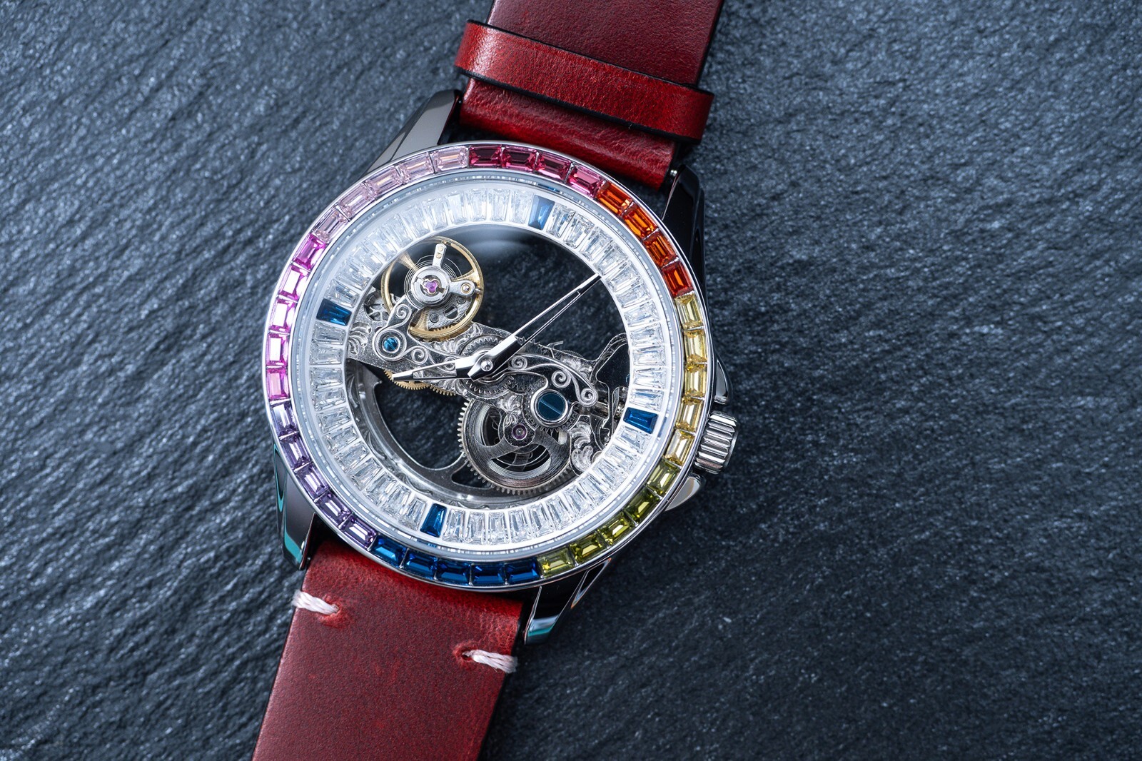 Mens Silver Automatic Mechanical Watch Bridge Rainbow Cubic Oil Waxed Dark Red