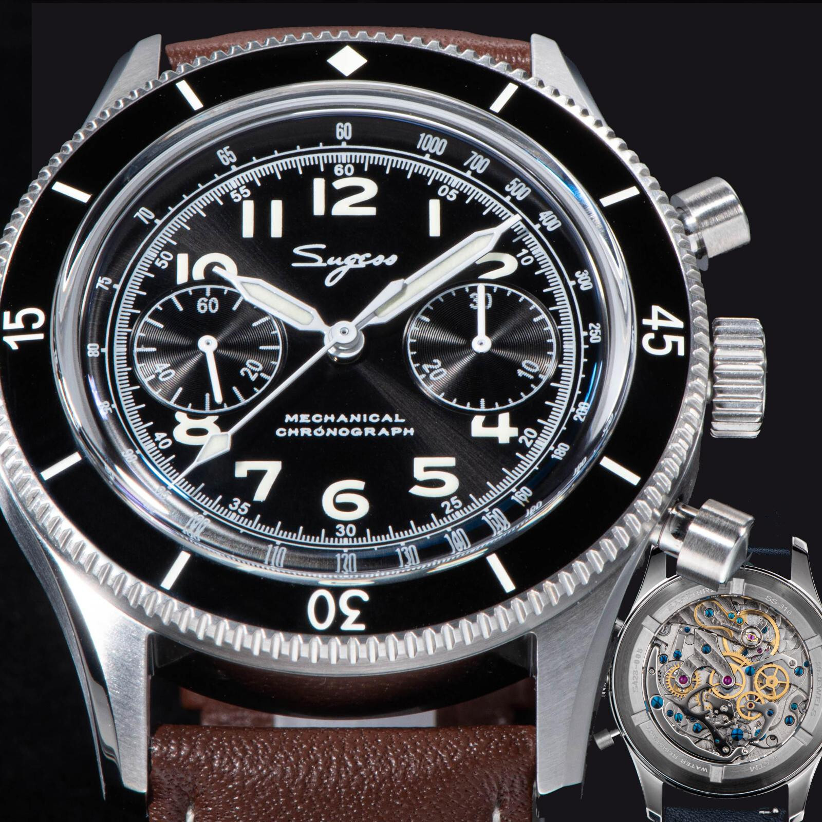 1PC Sugess Chrono Heritage SWAN NECK Chrono Aviator Watch SEAGULL 1963 S423.02.B