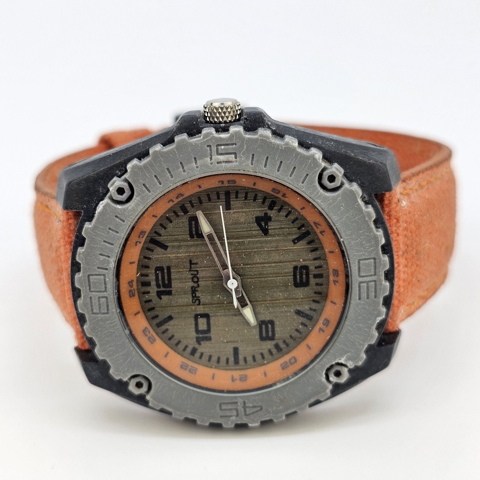 Men’s Sprout Watch 42MM Brown Dial Orange Canvas Band Straps New Battery