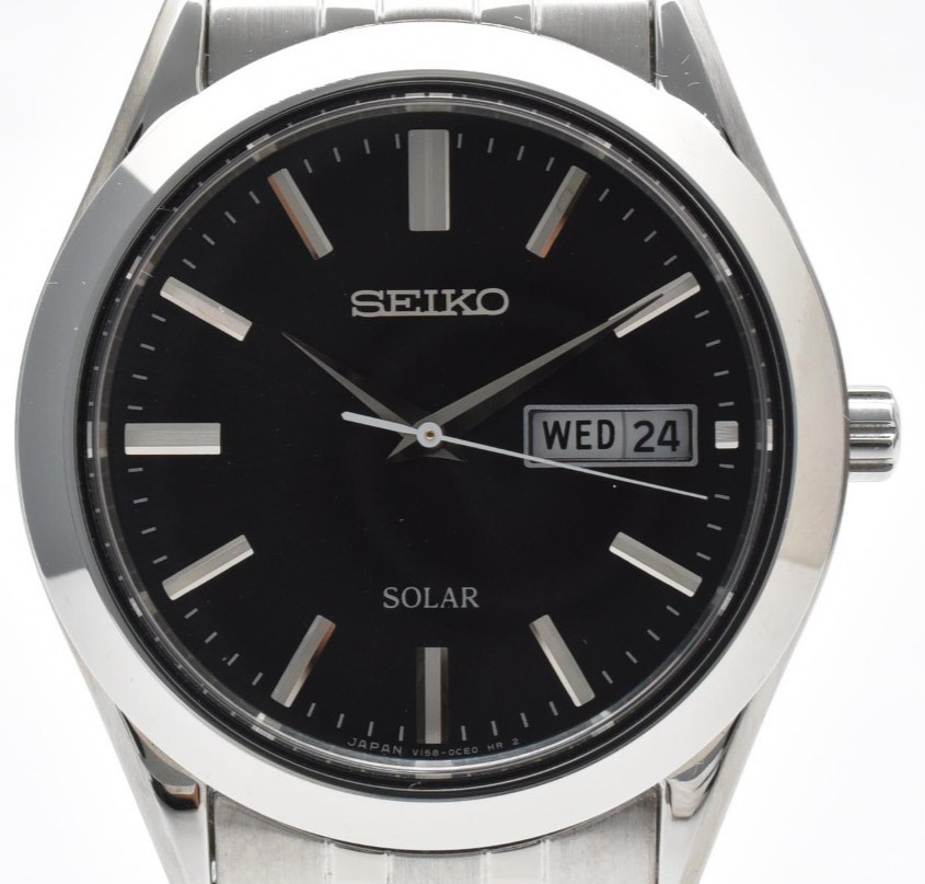 【NEAR MINT】 SEIKO Solar V158-0AZ0 Day Date Black 43mm Quartz Men’s Watch JAPAN
