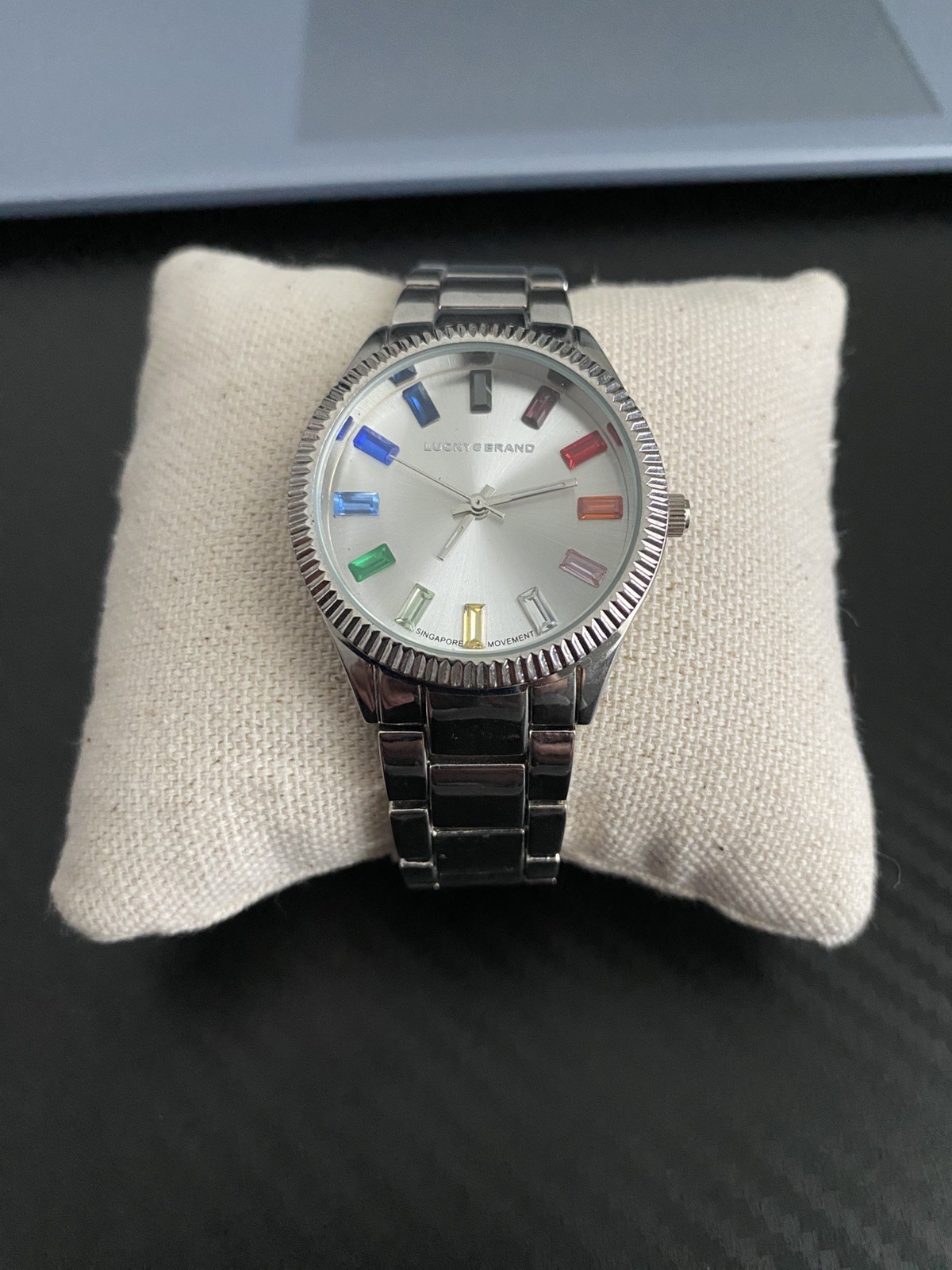 Lucky Brand Silver-Tone Watch | Rainbow Gemstone Markers | Works!