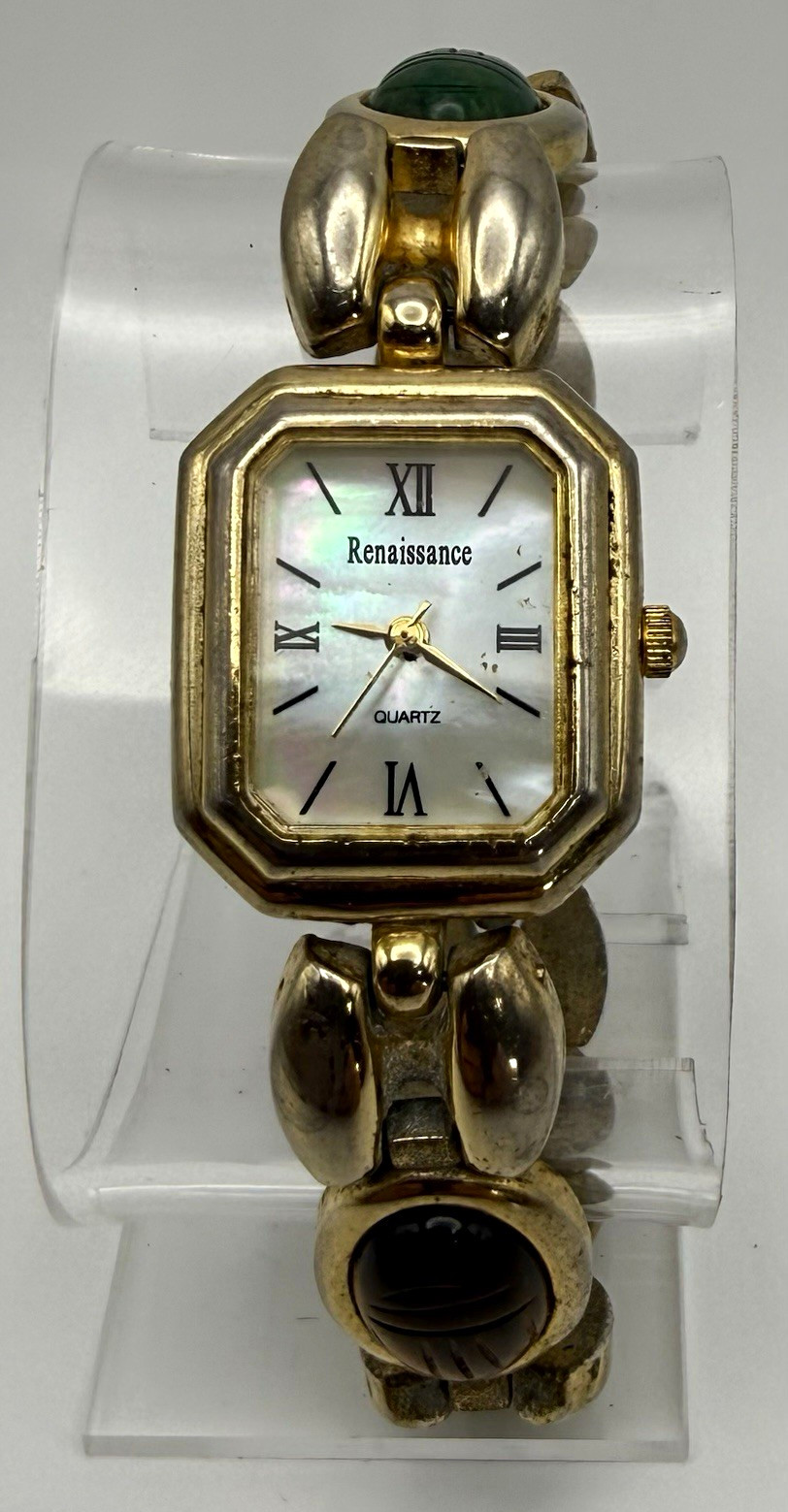 Womens Renaissance Quartz Vintage Rectangle Two-Tone Bracelet MOP Dial 24-27mm
