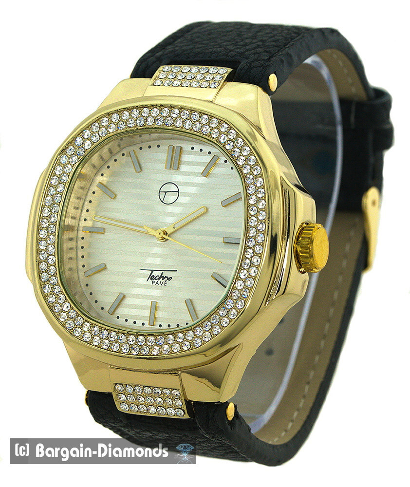 Mens Gold tone Clubbing Watch Gold CZ Bezel Gold-Silver Strap Up to 8.75″ Wrist