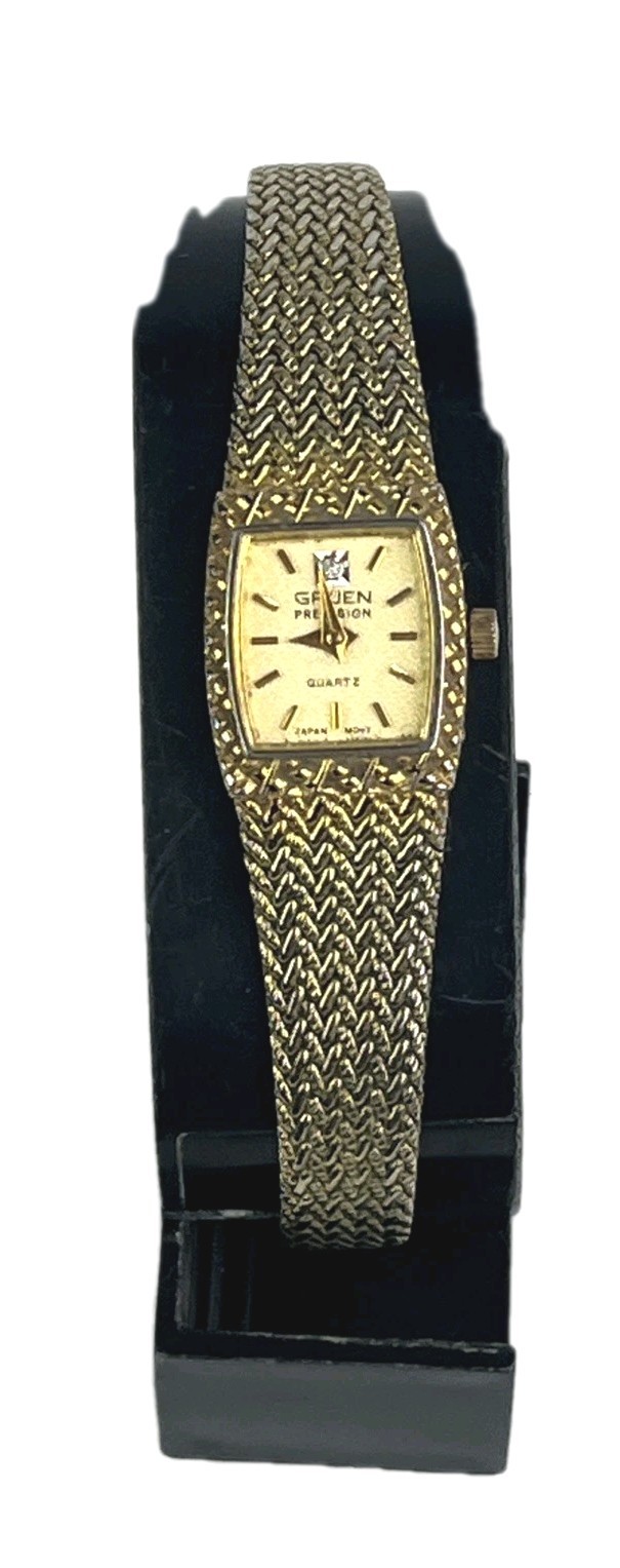 Gruen Precision Women’s Watch 15mm Gold Tone Diamond Accent ADJ. Band New Batt
