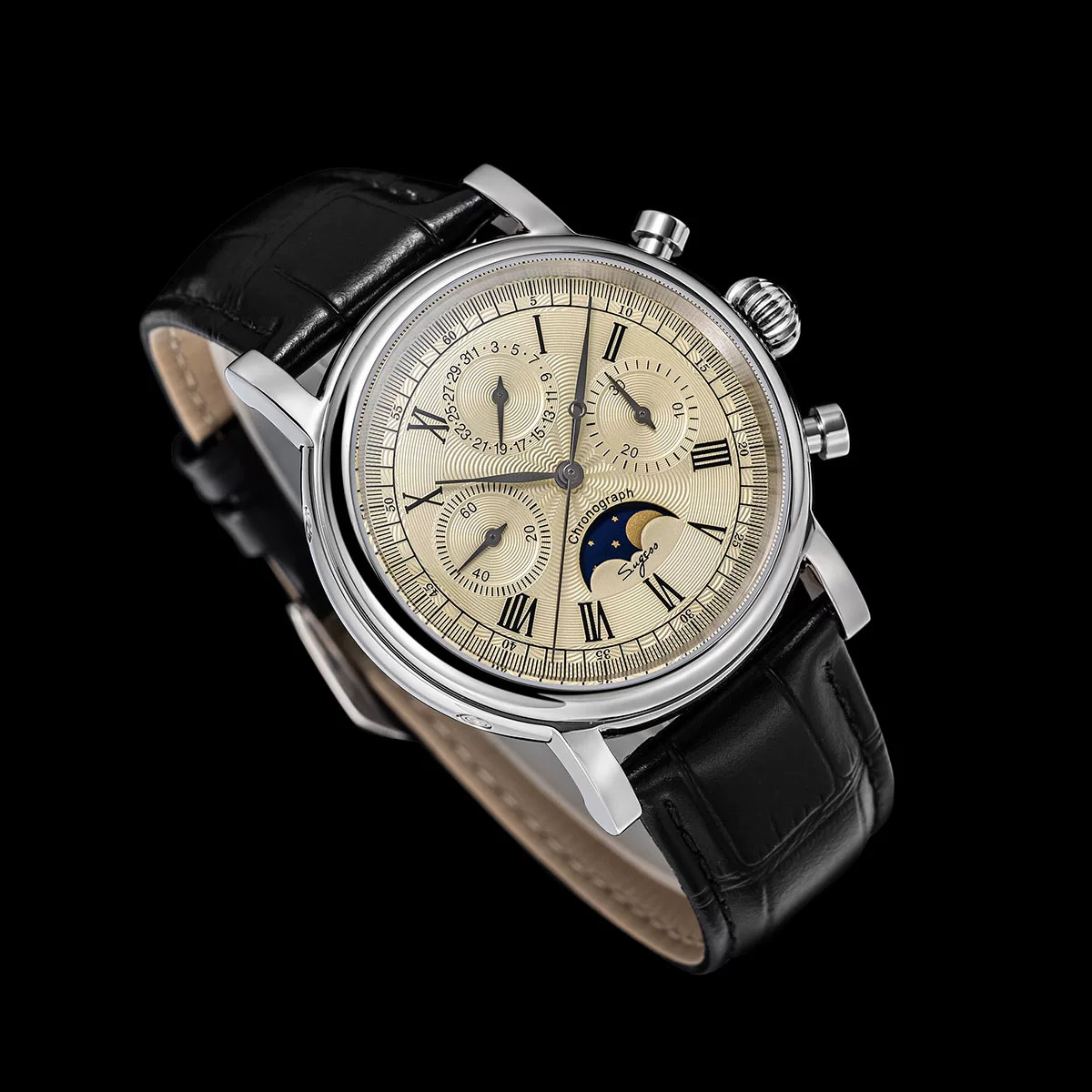 Seagull 1963 Sugess Gold SWAN NECK MoonPhase Master Chronograph Watch New