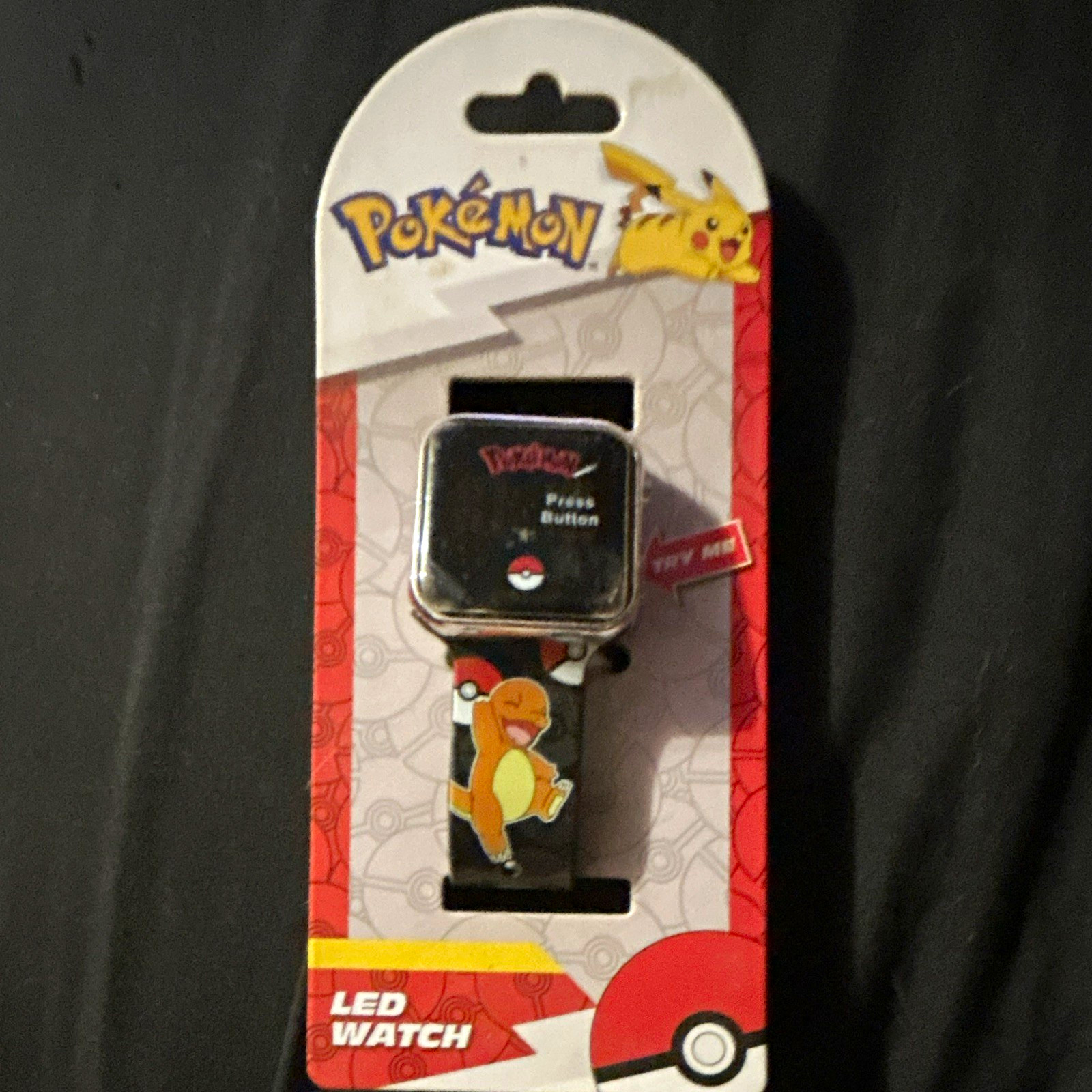 Pokemon Kids LED Digital Quartz Watch Square Silver Case Black/Multicolor Strap