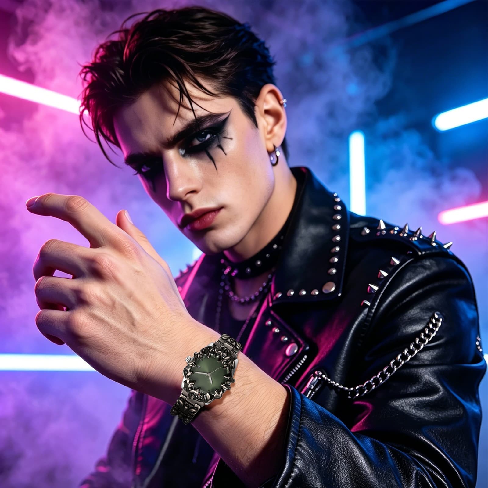Men Punk Y2K Embossed Flame Adjustale Strap Date Luminous Wrist Watch for Party