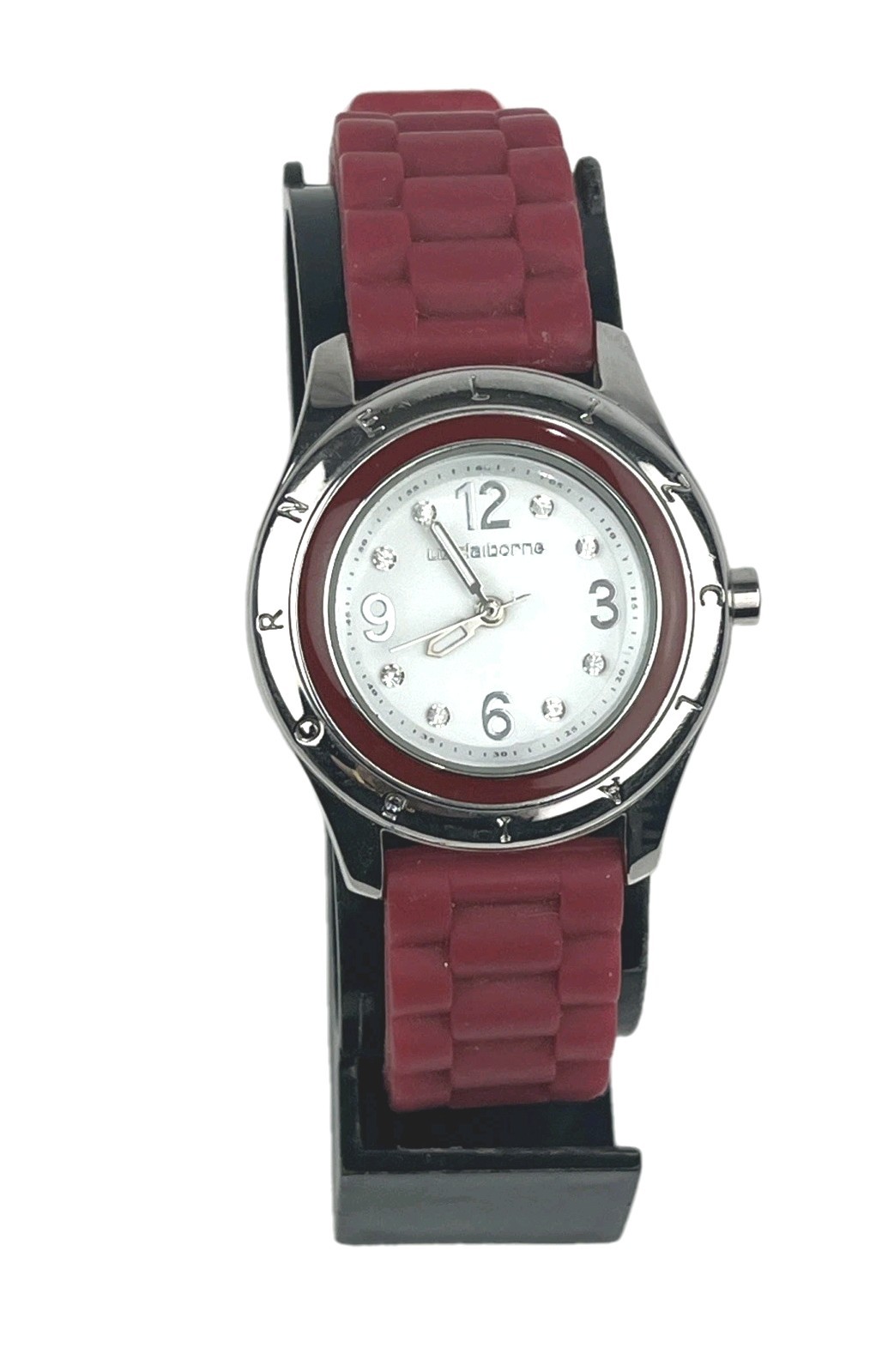 Liz Claiborne Watch Women’s 32mm Silver Tone Red Bezel And Red Band New Battery