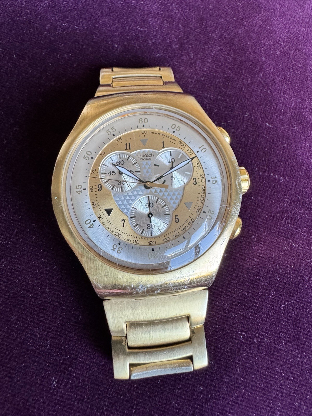 SWATCH WATCH YOG100G THE GOLDEN CHEST IRONY CHRONOGRAPH 2007 NOT WORKING RARE