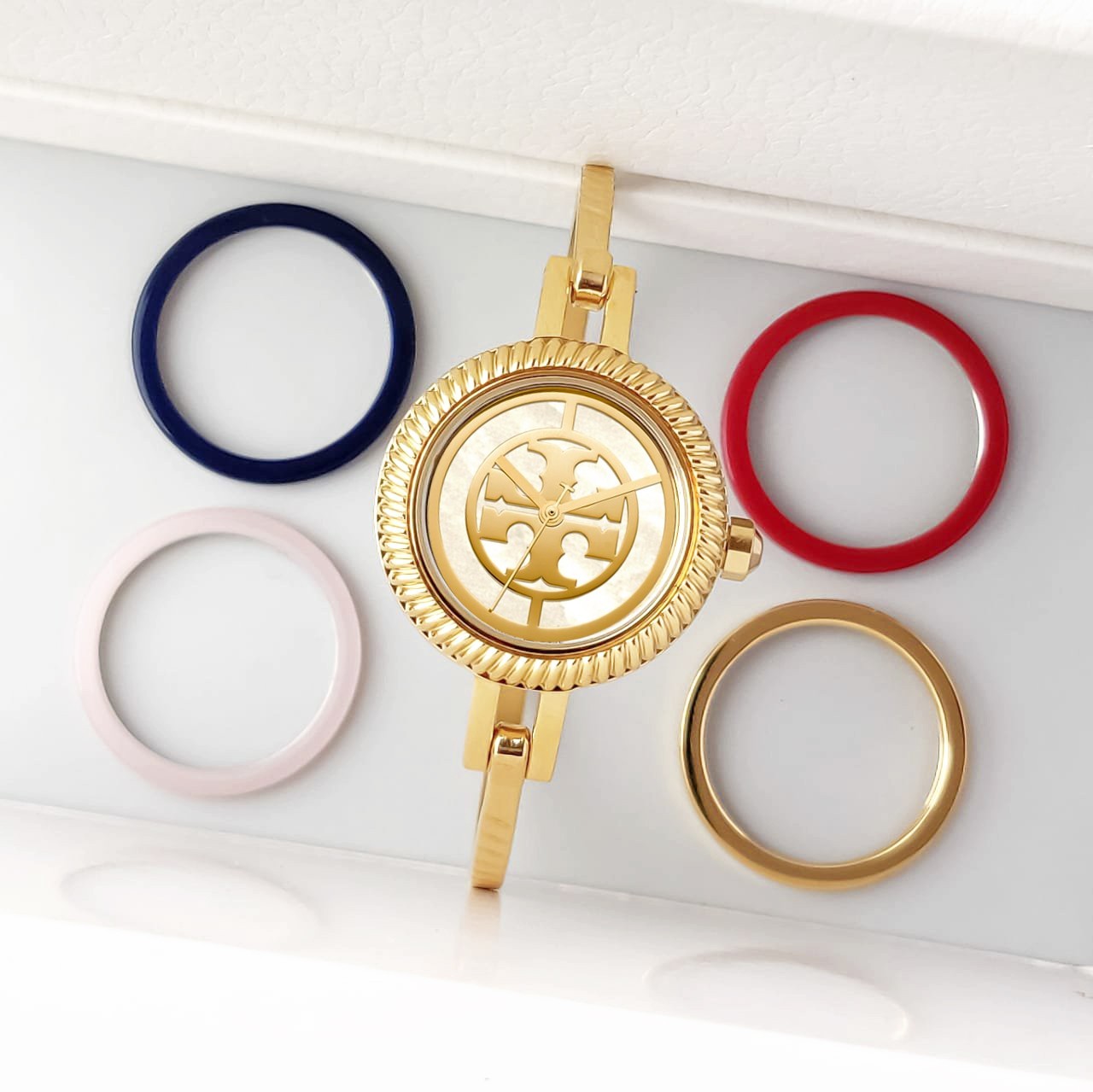 Tory Burch Gigi Small Gold Bangle Watch Gift Set Interchangeable Bezels TBW2100
