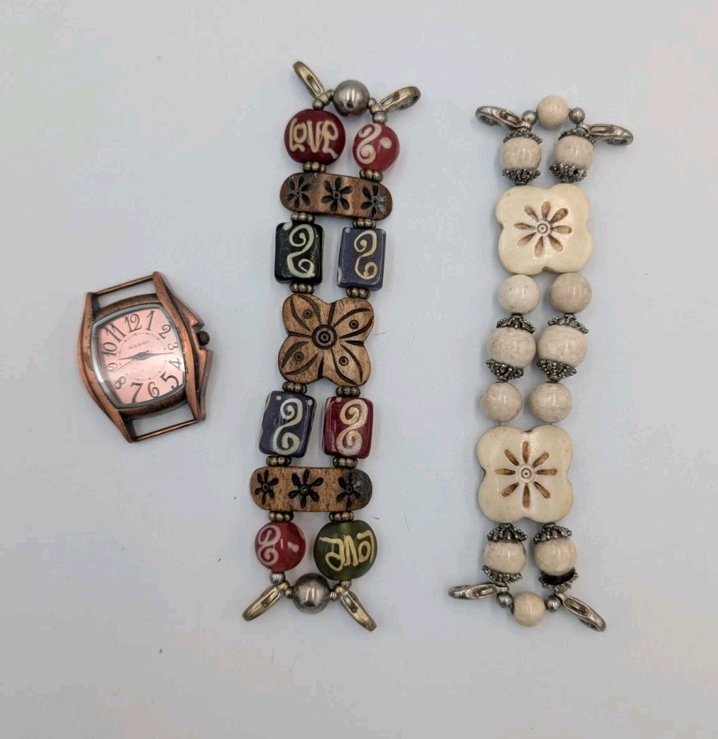 Narmi Watch Set Analog Face With 2 Changeable Boho Beaded Bands Natural Tones