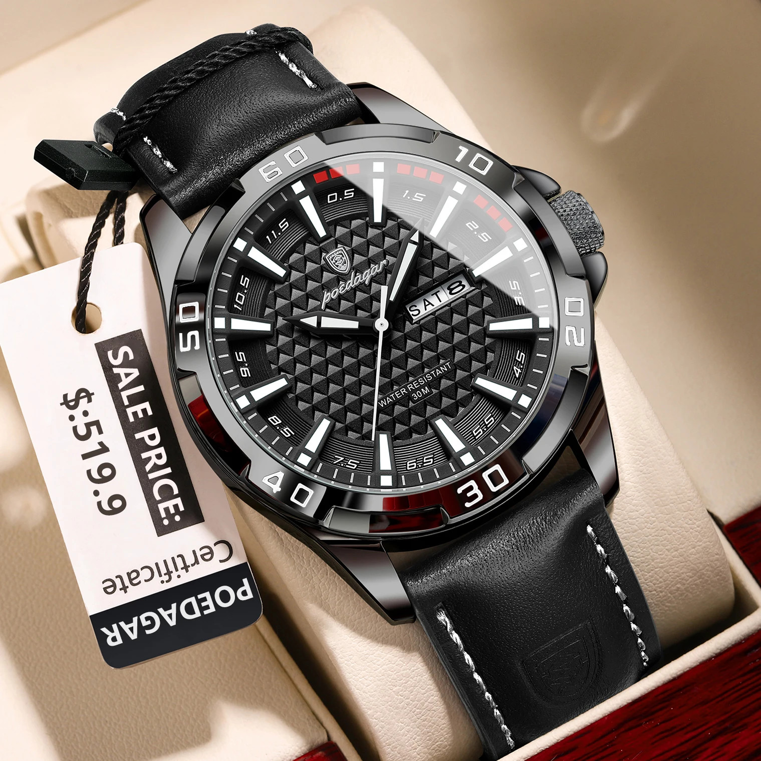 POEDAGAR Original Man Wristwatch Top Luxury Waterproof Luminous Date Week Watch