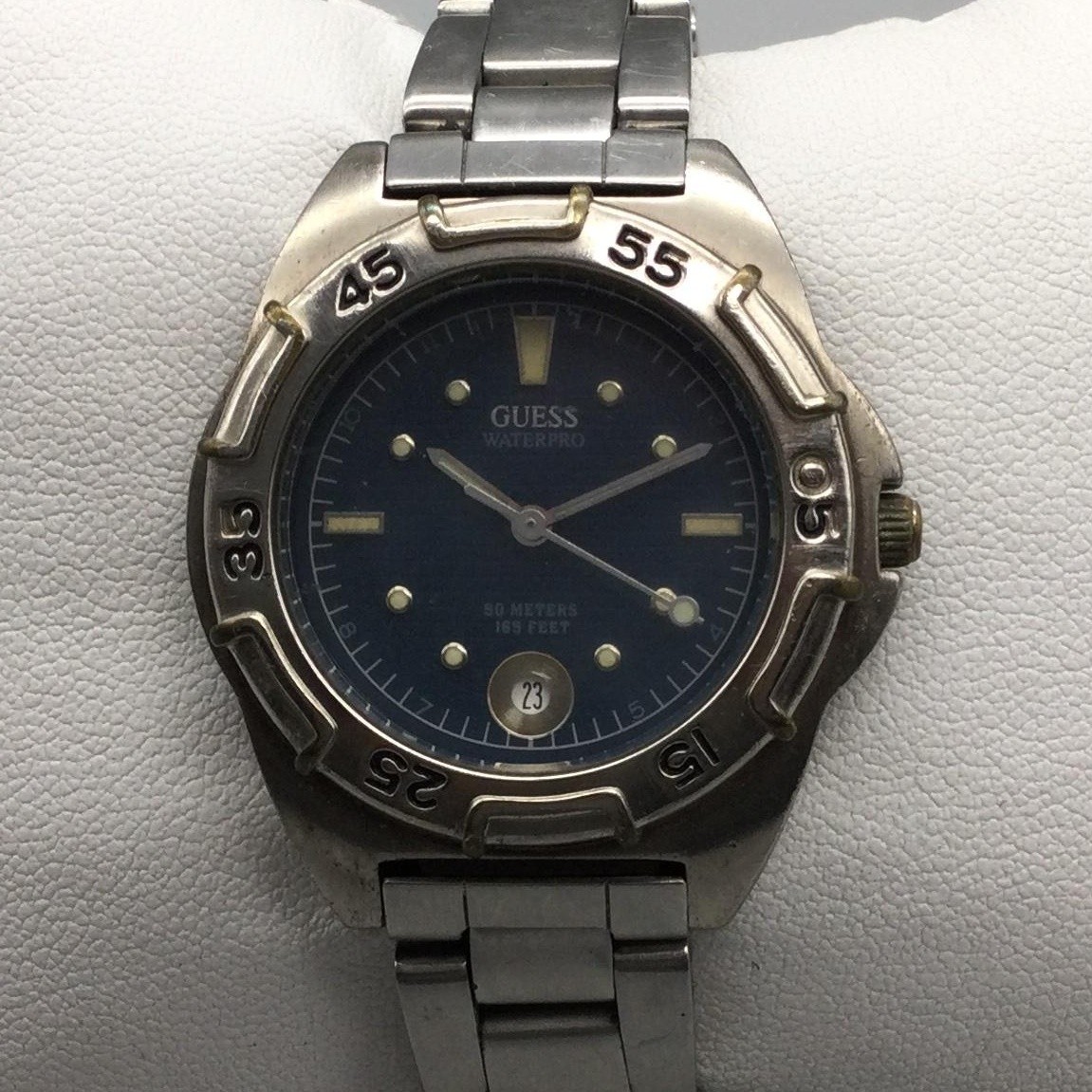 Guess Waterpro Womens Watch 30mm Blue Dial Silver Tone Date New Battery 5.75″