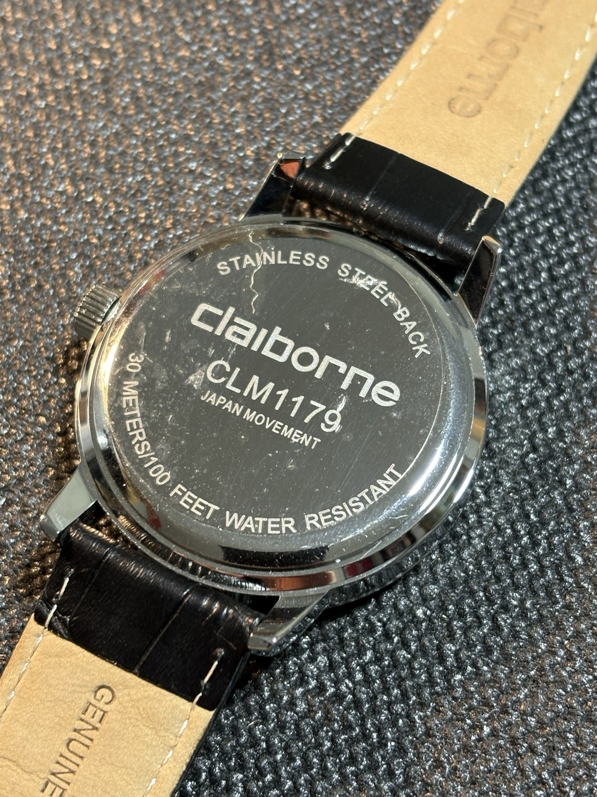 Claiborne Multifunctional Dial Men 44mm Watch Silver Tone/Black Leather,New Bat