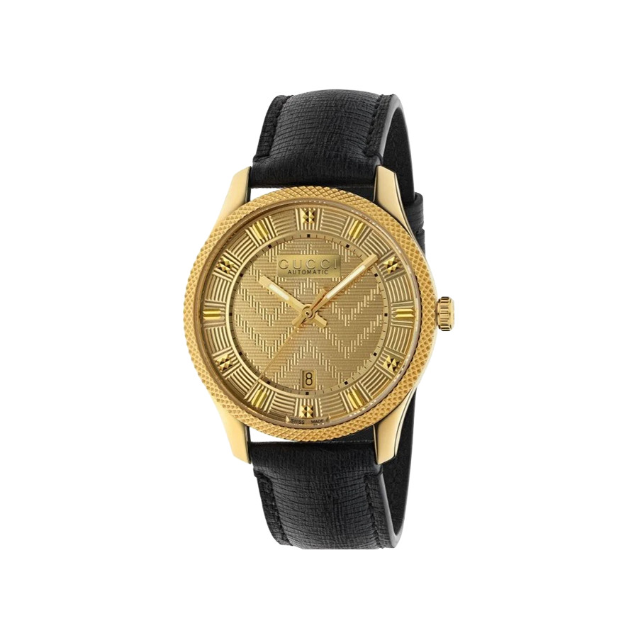 Gucci Eryx Automatic Chevron Gold Dial Black Leather Strap Watch