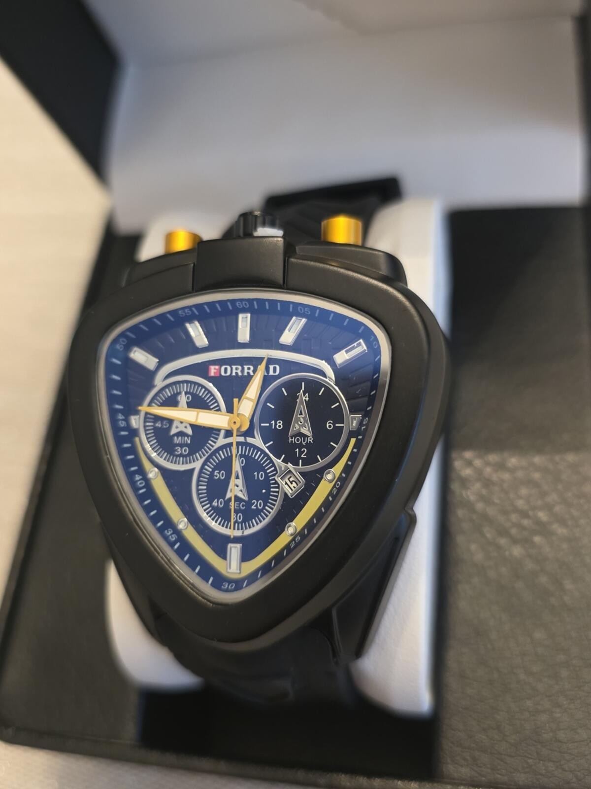 197. FORRAD Black & Blue Triangular Chronograph Watch with Yellow Accents