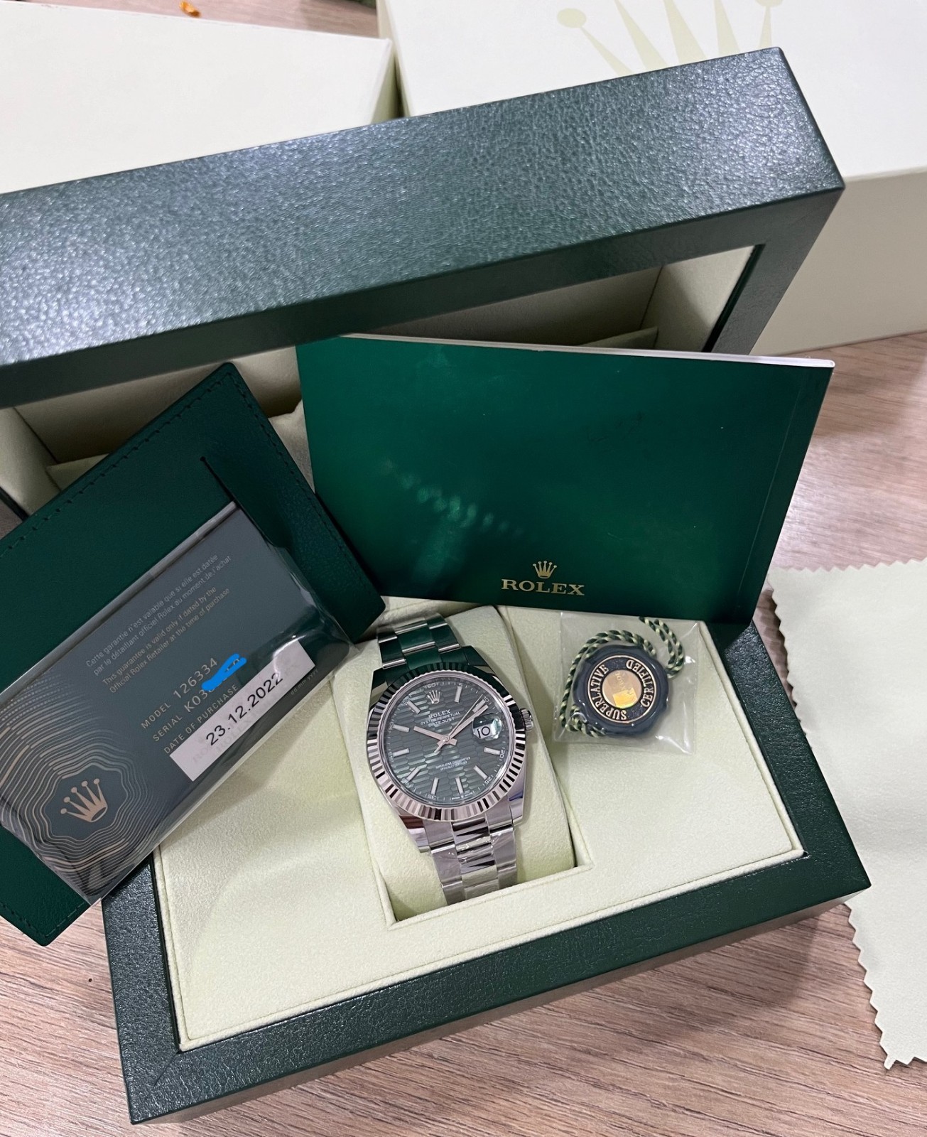 ROLEX DATEJUST 41MM Ref: 126334 GREEN MOTIF WITH BOX AND PAPERS TRULY NEW 2022
