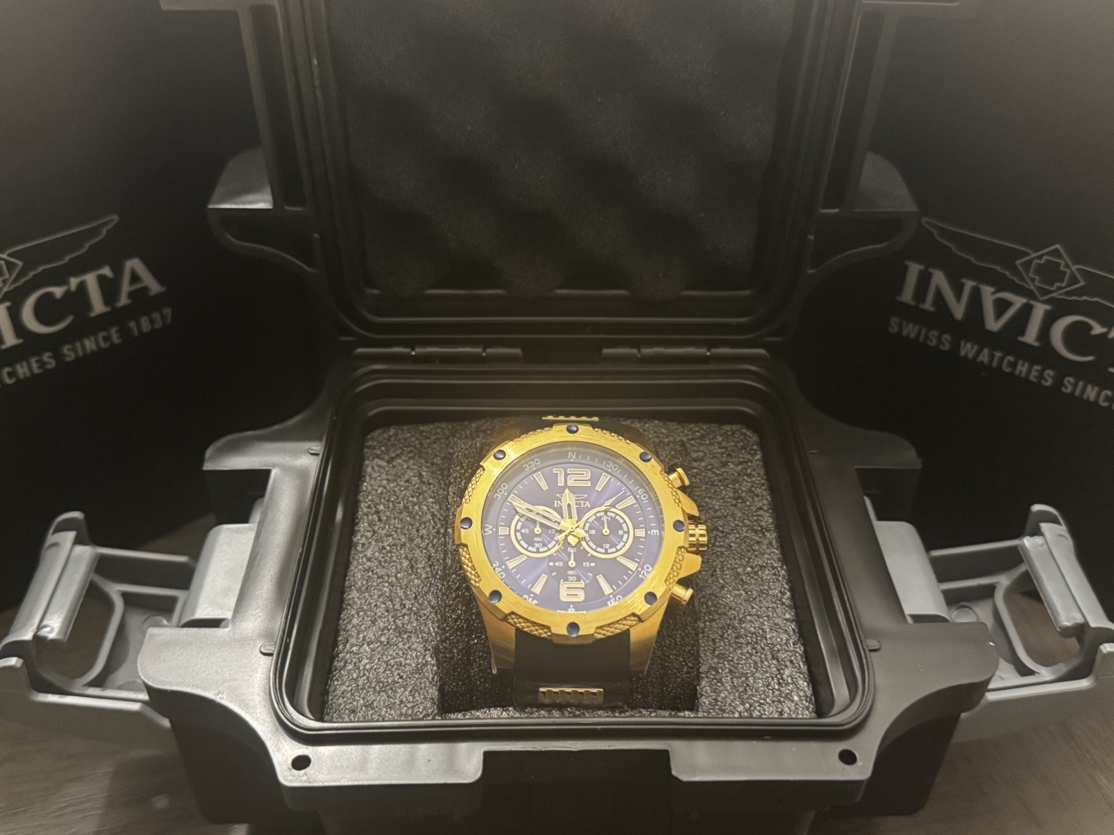 Invicta I-Force Axis Men’s Watch 50mm Quartz Gold/Blue Black Band 19659 w/ CASE!