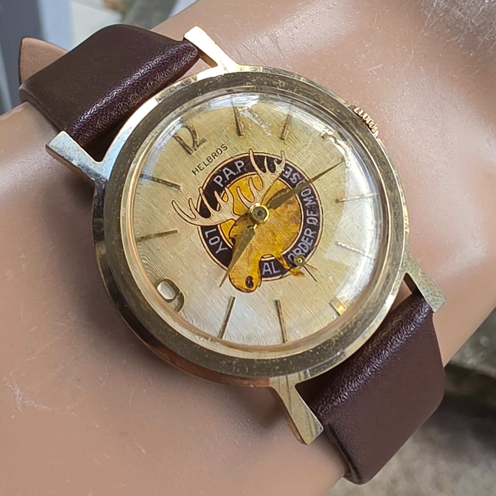 Vintage Helbros men’s manual wind watch Loyal Order of Moose linen dal 1950s