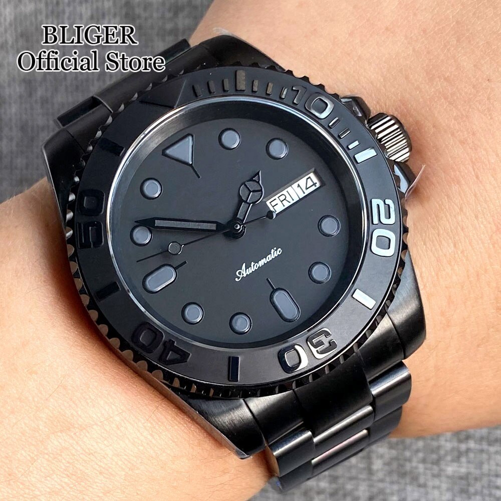 BLIGER 200M Waterproof NH36 Black Dial Date Week Automatic Men Diving Watch PVD