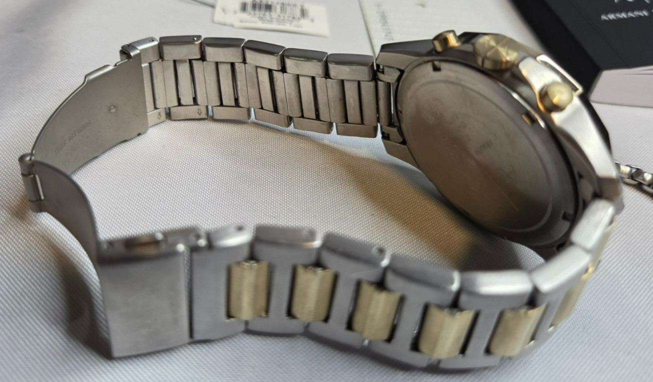 Armani Exchange Two-Tone IP Chronograph Watch with Black Dial and Chain Bracelet