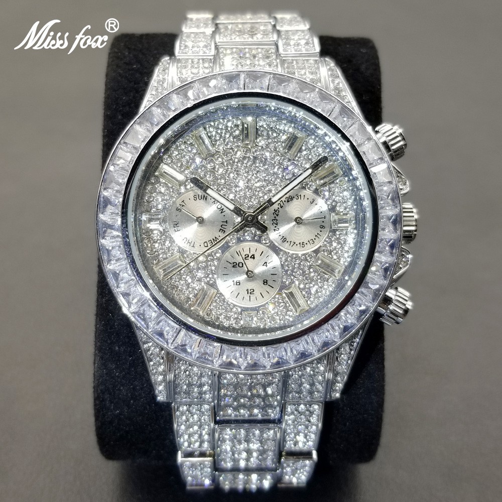 Hip Hop Luxury Silver Ice out Men’s Watch Iced King Bling Waterproof Cz Diamond
