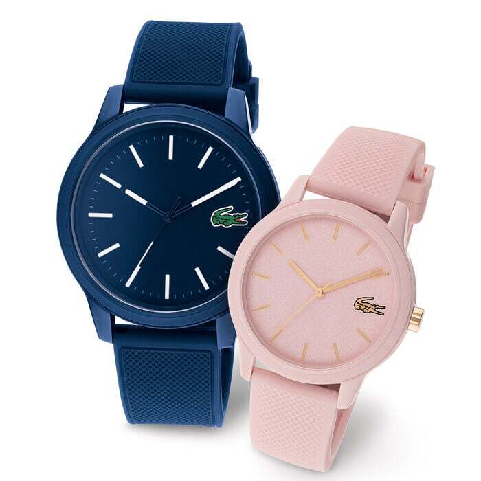 LACOSTE SET 2 2070008 BLUE/PINK SILICONE STRAP 42/36MM MENS AND WOMENS WATCH SET