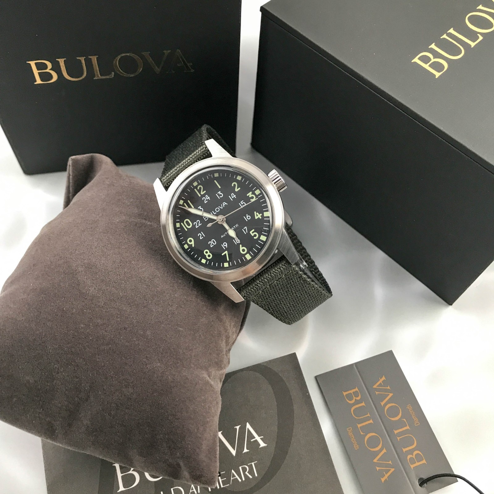 Bulova Special Edition 96A259 Hack Black Dial 38MM Green Fabric Strap Mens Watch