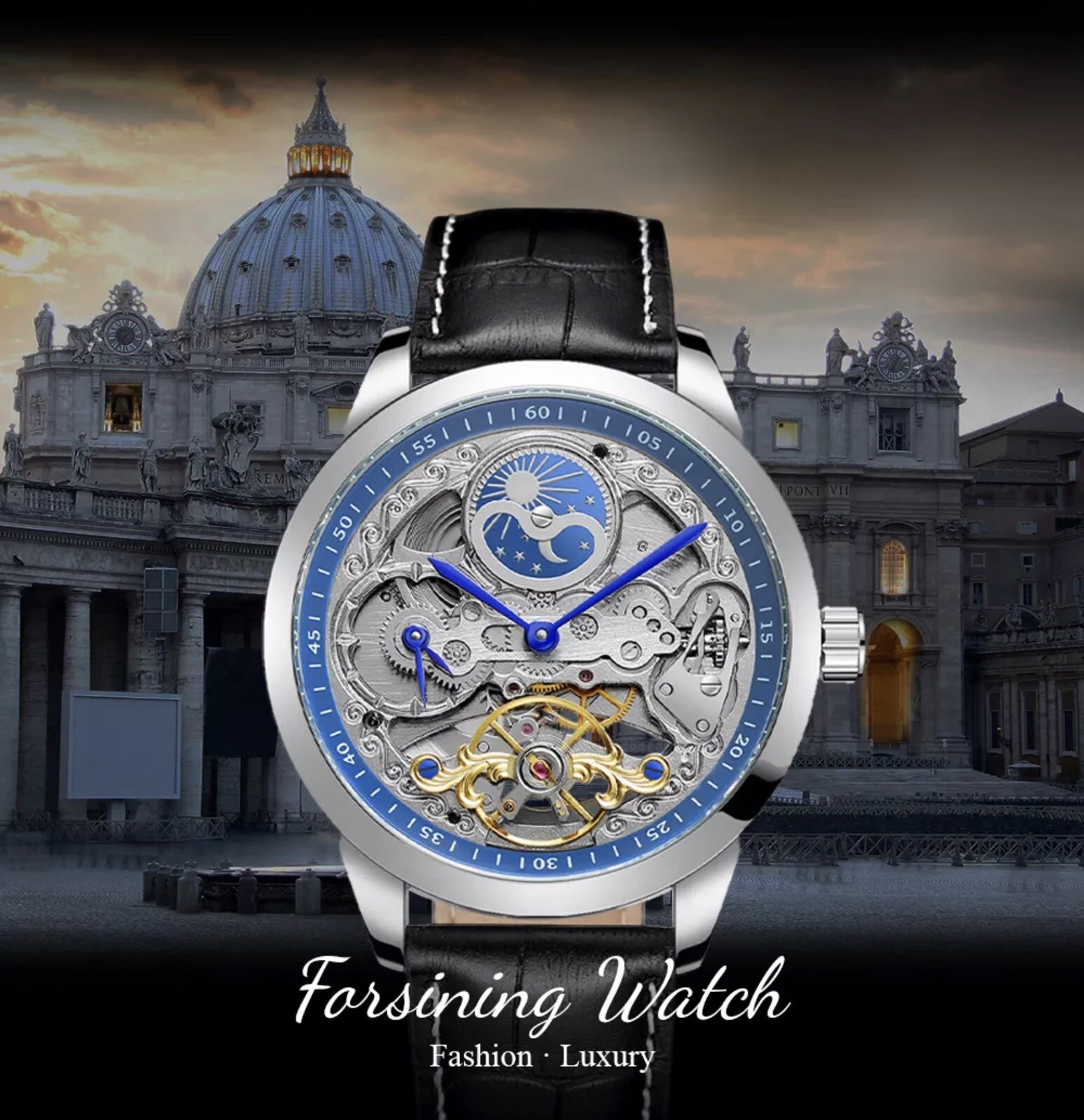 ⌚￼ Forsining Men’s Automatic Water Proof Moon Dial Luxury Business Watch