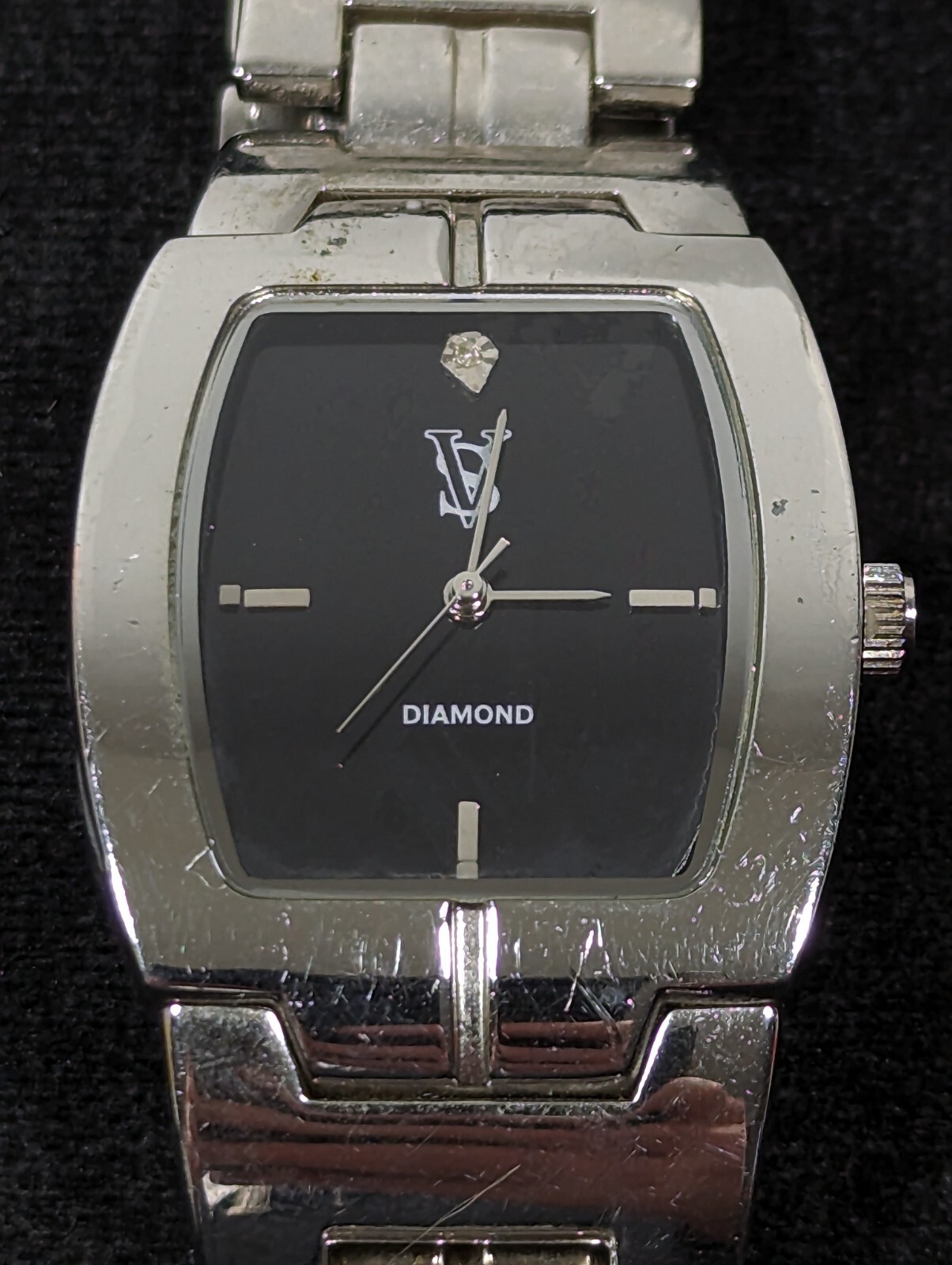 Mens VS Black Dial Silver Tone Rectangle Case Stainless St Link Band Watch 8.5in