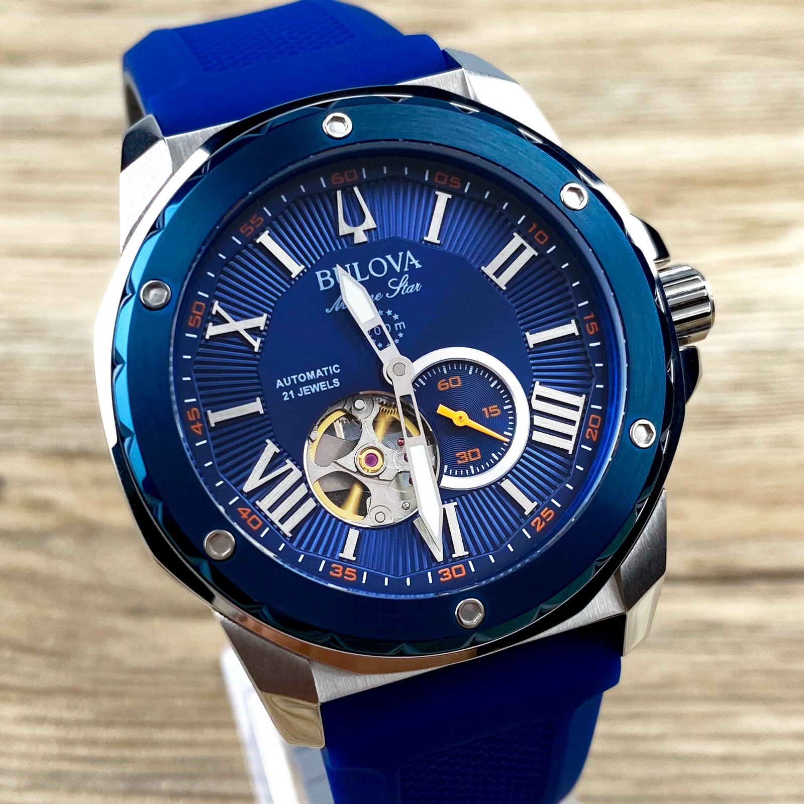 Bulova Marine Star 98A303 Automatic Men’s Watch 45MM Blue Dial Blue Rubber Strap