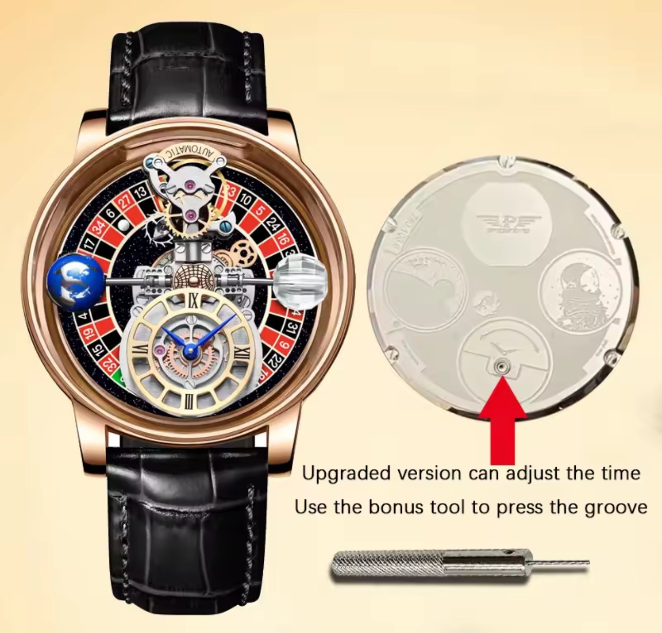 Celestial Men’s Transparent Case Leather Quartz Watch Waterproof Time Adjustment
