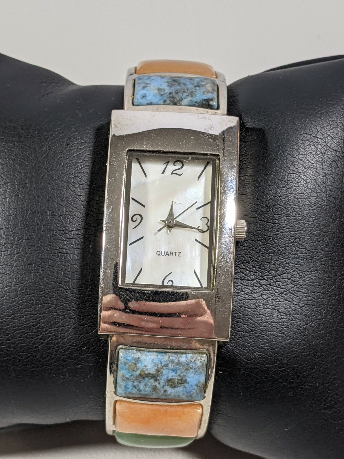 Silver Tone White Dial Natural Gemstone Blue Orange Green Red Open Cuff Watch