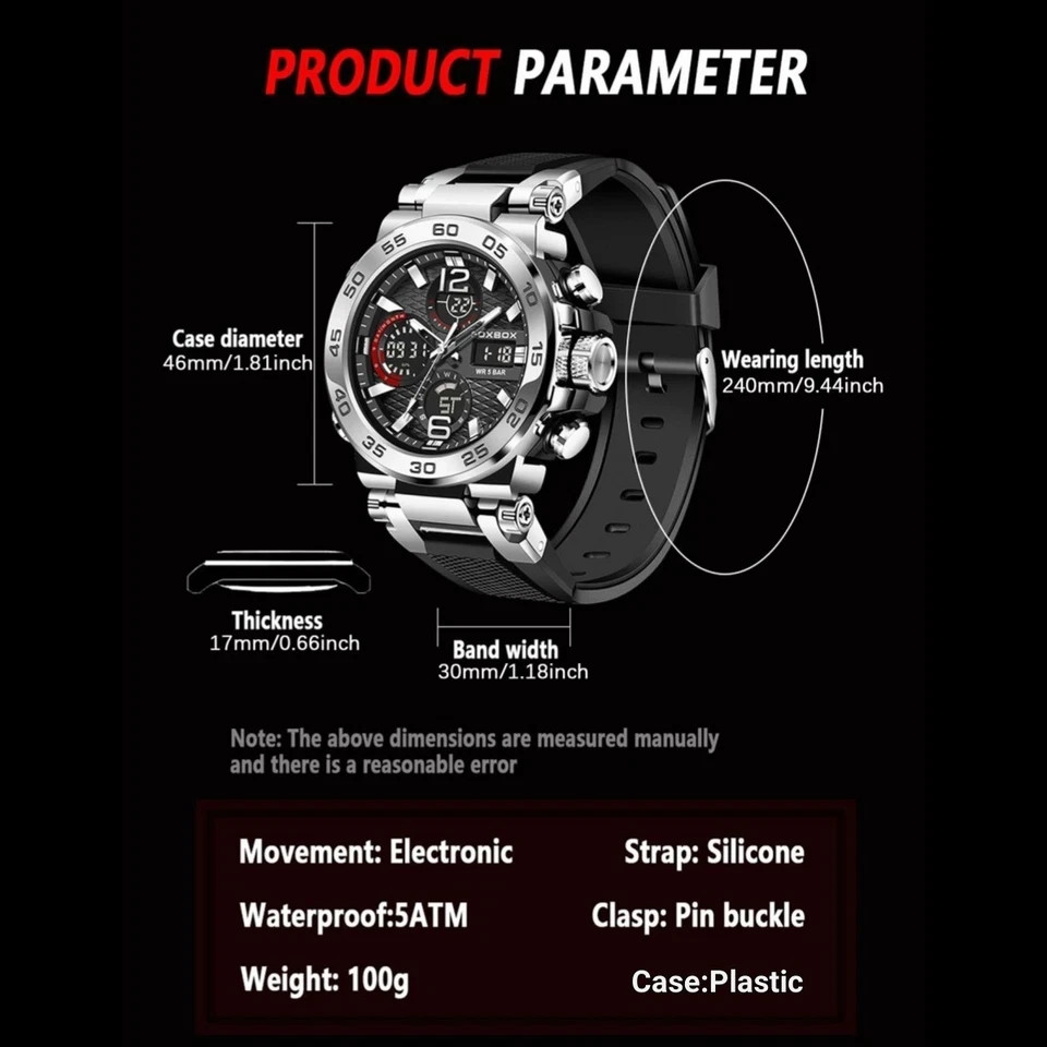 LIGE FOXBOX Men Watch Quartz LED Digital Analog Luminous Waterproof Wristwatch