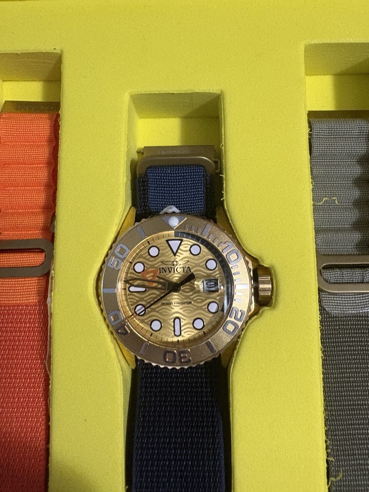 Invicta Ocean Predator Men’s Quartz Diver 100m Gold Dial Blue Nylon Strap Set