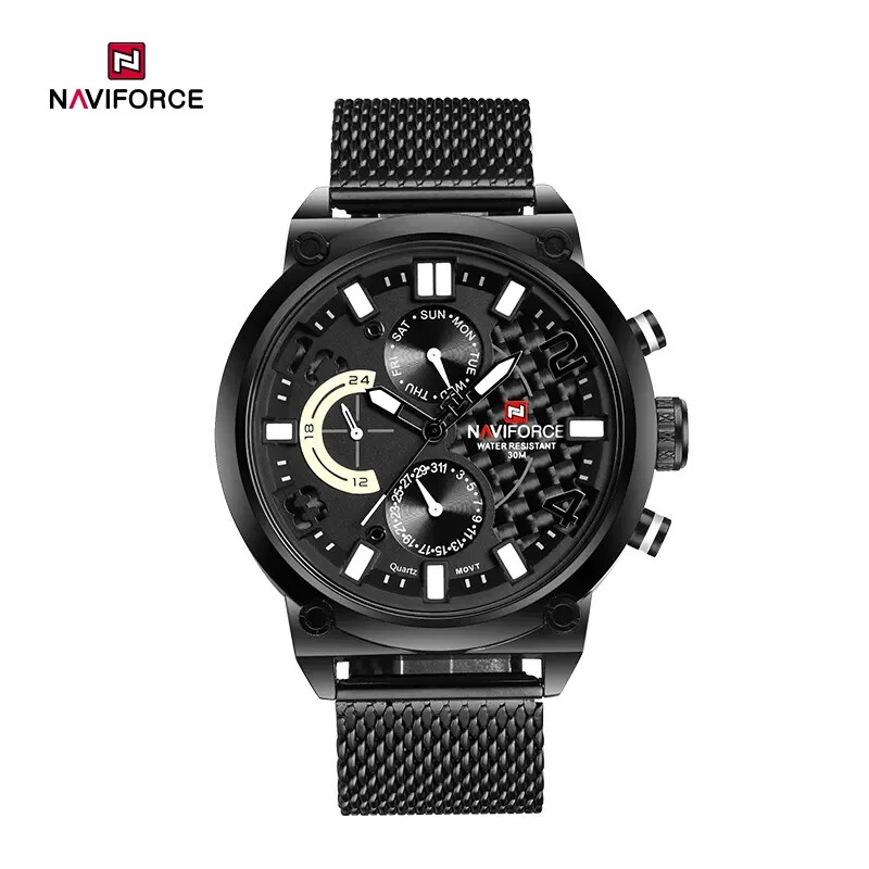 Naviforce Carbon Fiber Wrist Watch Quartz Japan Movement Stainless Mesh Band